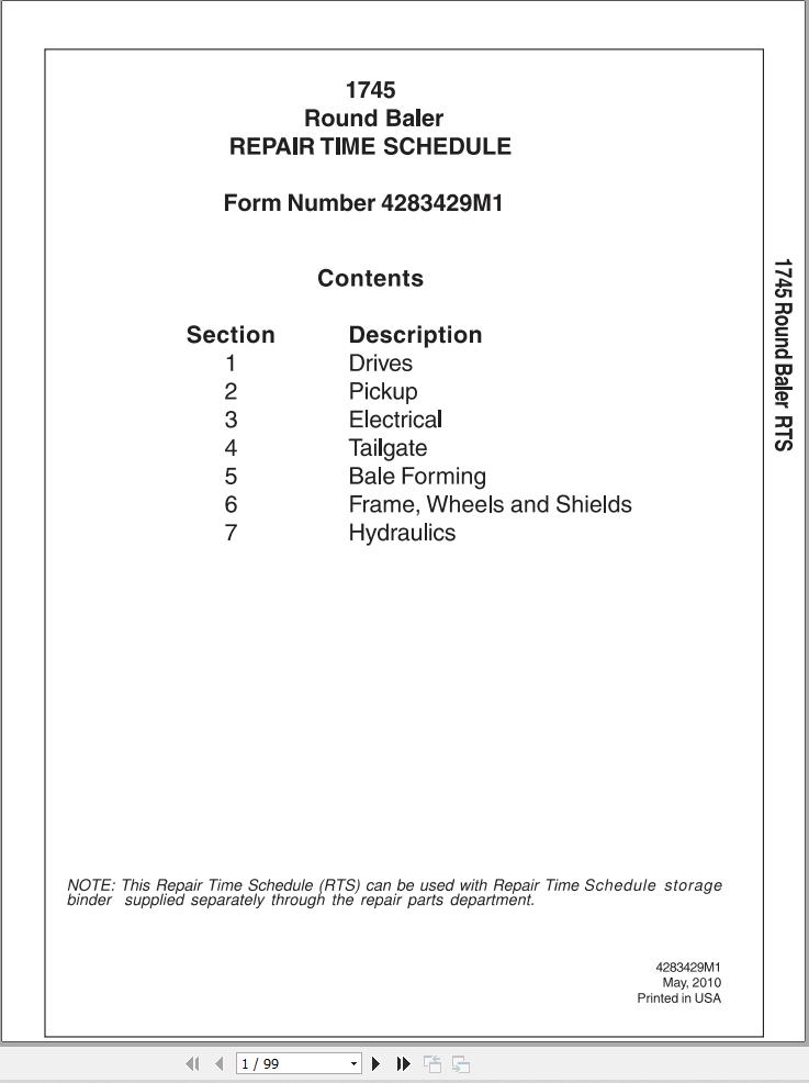 Massey Ferguson Round Baler 1745 Repair Time Schedule 4283429M1 1