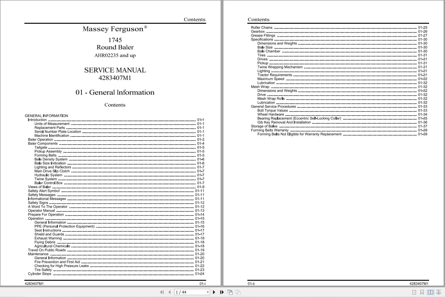 Massey Ferguson Round Baler 1745 Service Manual 4283407M1 1