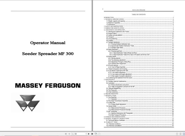 Massey Ferguson Seeder Spreader MF300 Operator Manual 1