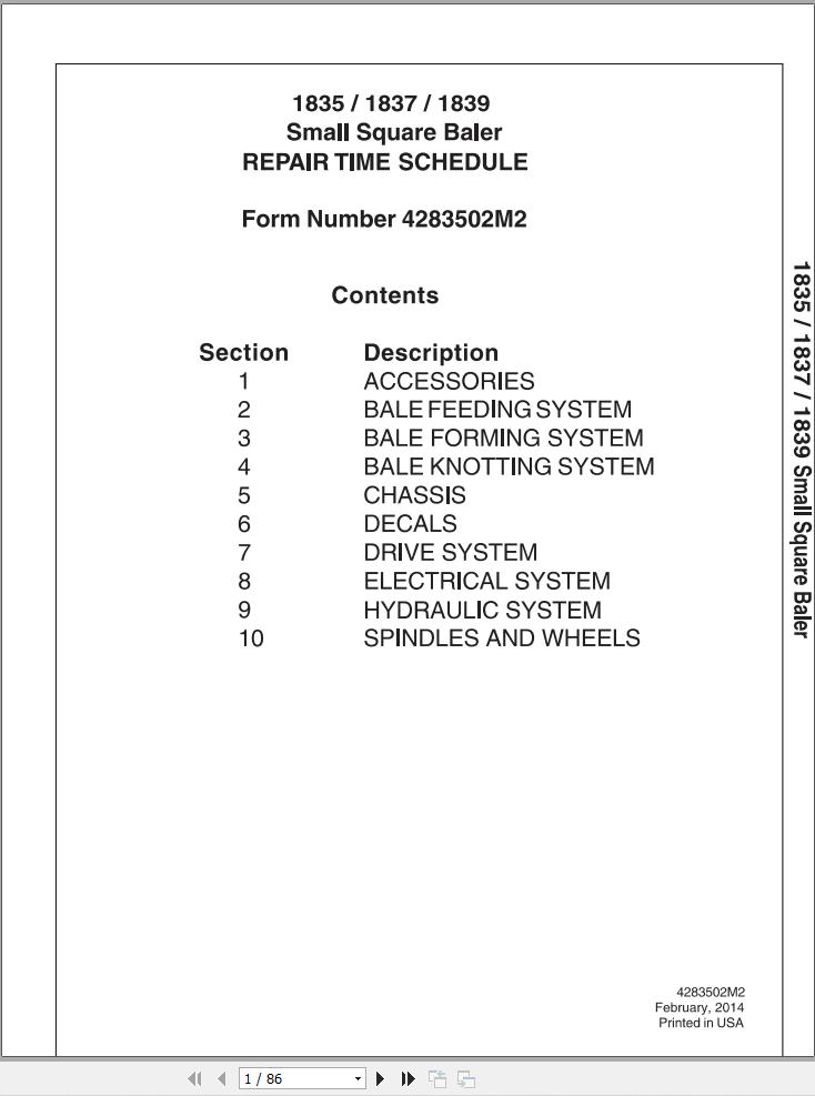 Massey Ferguson Small Square Baler 1835 1837 1839 Repair Time Schedule 4283502M2 1