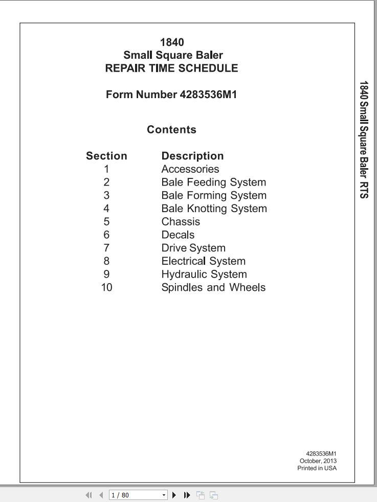 Massey Ferguson Small Square Baler 1840 Repair Time Schedule 4283536M1 1