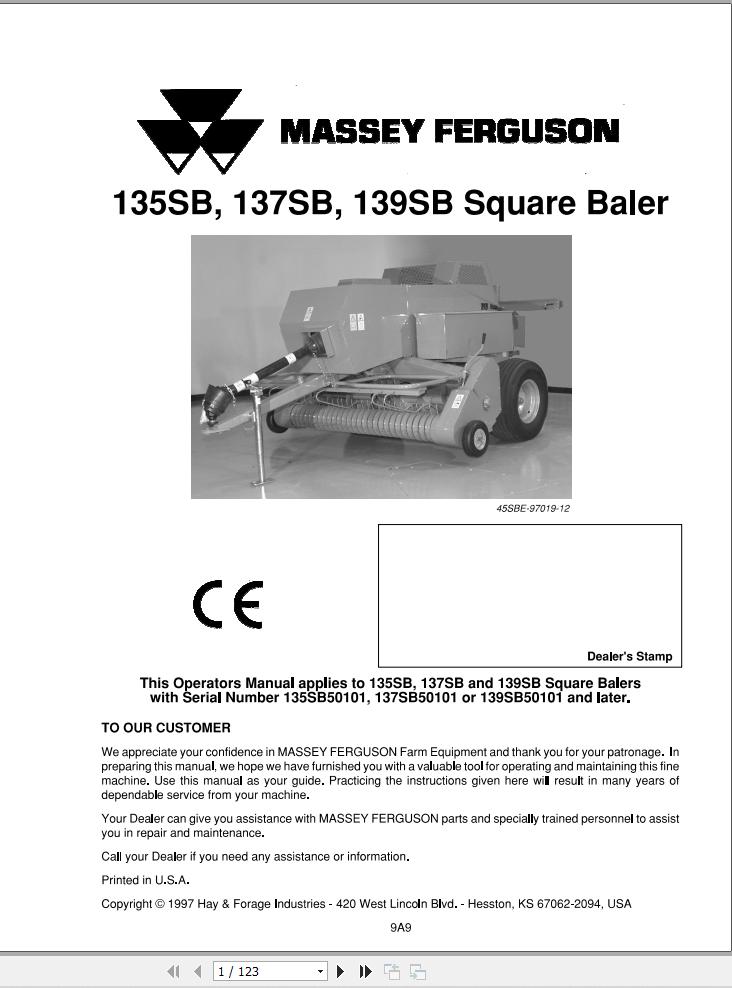 Massey Ferguson Square Baler 135SB 137SB 139SB Operator Manual 1