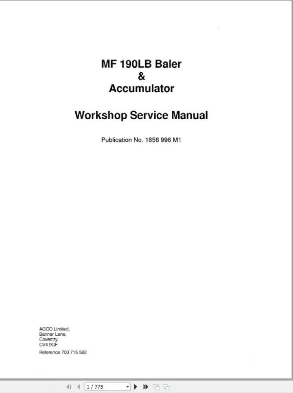 Massey Ferguson Square Baler 190LB Workshop Service Manual 1856996M1 1