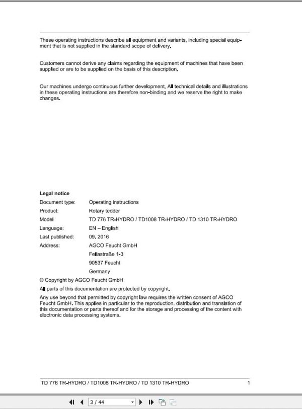 Massey Ferguson TD776 TD1008 TD1310 TR HYDRO Operator Manual FEL12804401 1