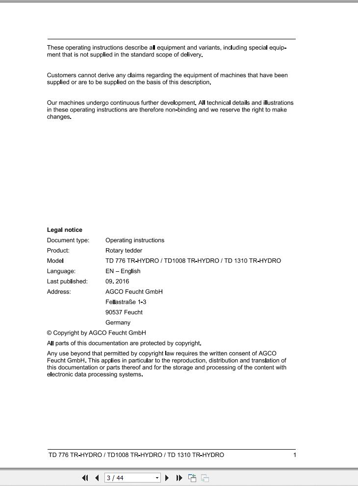 Massey Ferguson TD776 TD1008 TD1310 TR HYDRO Operator Manual FEL12804401 1