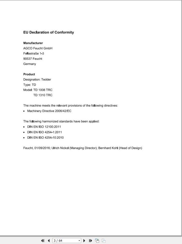 Massey Ferguson Tedder TD1008TRC TD1310TRC Operator Manual FEL1289060101 1