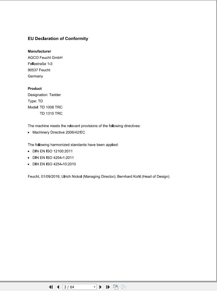 Massey Ferguson Tedder TD1008TRC TD1310TRC Operator Manual FEL1289060101 1