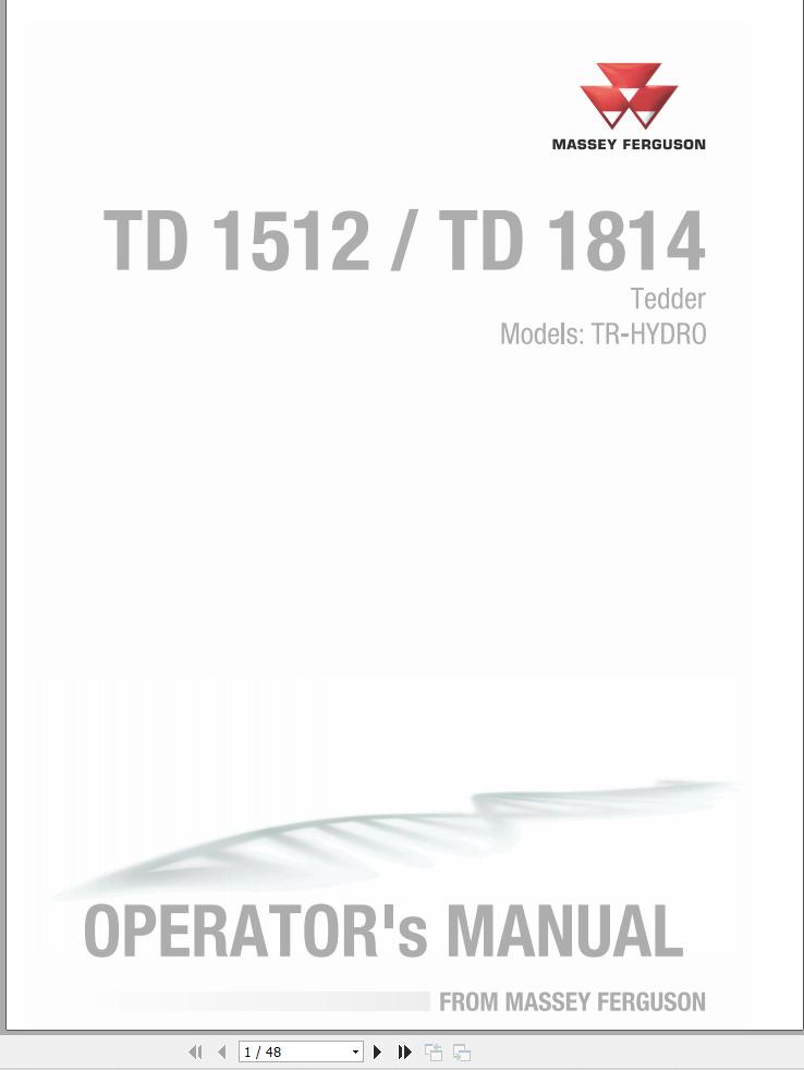 Massey Ferguson Tedder TD1512 TD1814 TR HYDRO Operator Manual FEL1286990101 1