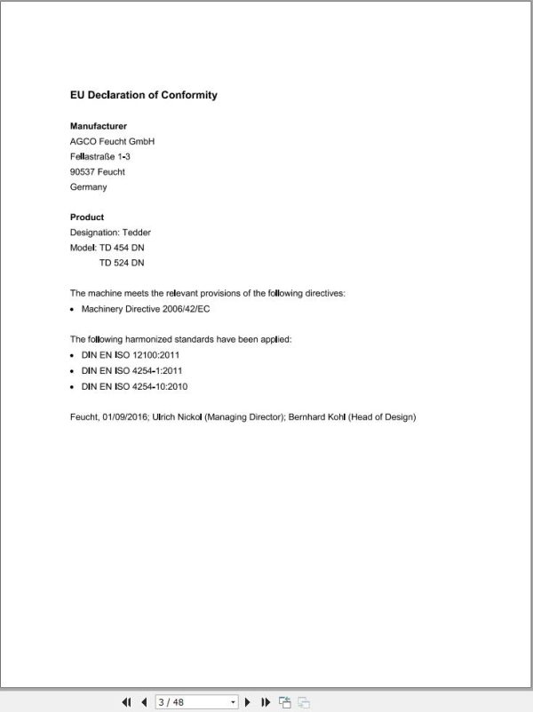 Massey Ferguson Tedder TD454DN TD524DN Operator Manual FEL15359001 1