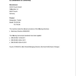 Massey Ferguson Tedder TD676DN TD776DN Operator Manual FEL15375101 1