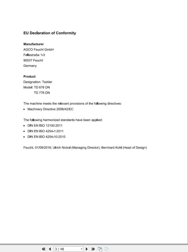 Massey Ferguson Tedder TD676DN TD776DN Operator Manual FEL15375101 1
