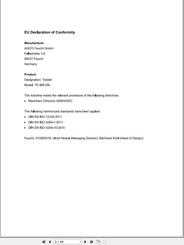 Massey Ferguson Tedder TD868DN Operator Manual FEL1536000101 1