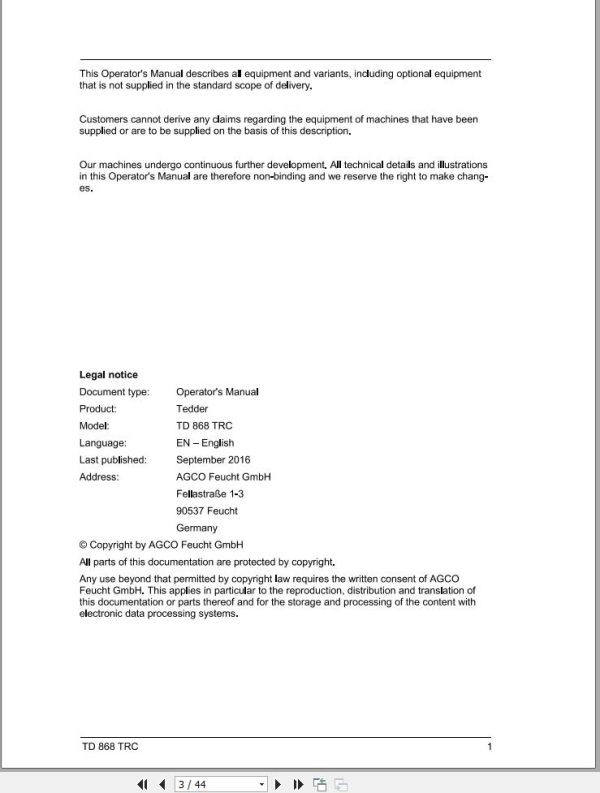 Massey Ferguson Tedder TD868TRC Operator Manual FEL1549440101 1