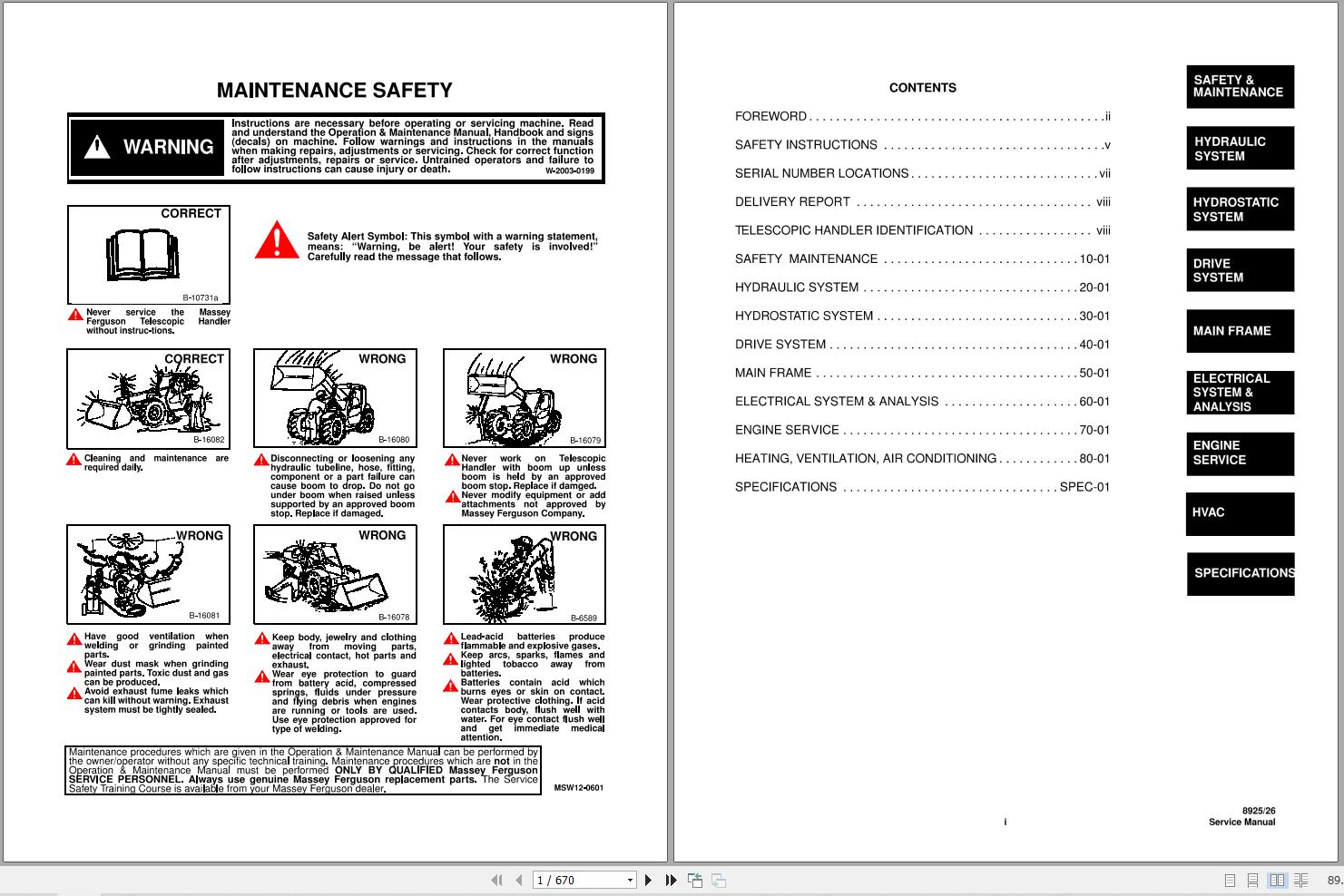 Massey Ferguson Telescopic Handler 8925 8926 Service Manual 1857576M1 1