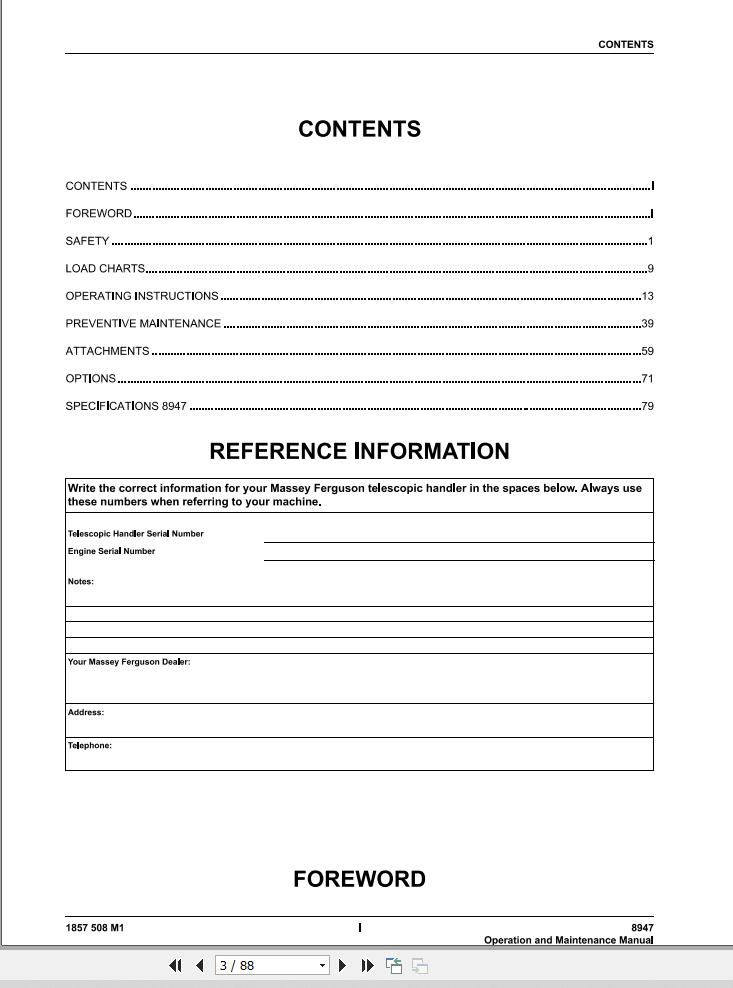 Massey Ferguson Telescopic Handler 8947 Operation Maintenance Manual 1857508M1 1