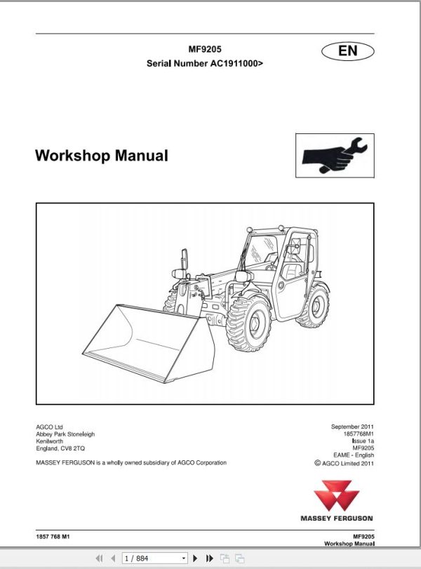 Massey Ferguson Telescopic Handler 9205 Workshop Manual 1857768M1 1