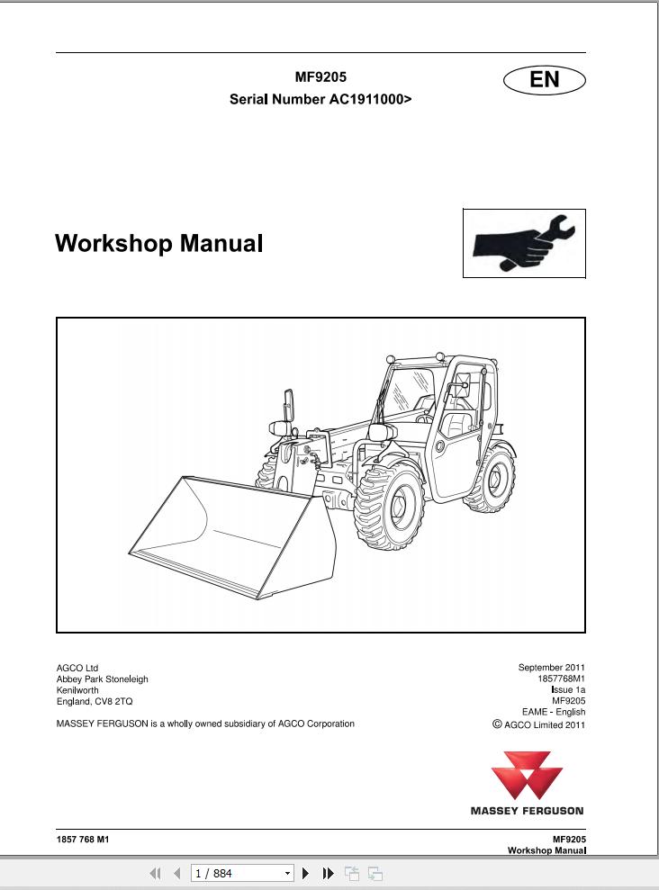 Massey Ferguson Telescopic Handler 9205 Workshop Manual 1857768M1 1