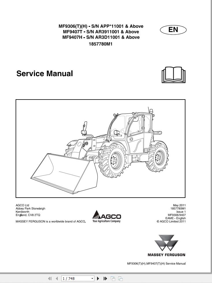 Massey Ferguson Telescopic Handler MF9306T to MF9407H Service Manual 1857780M1 1