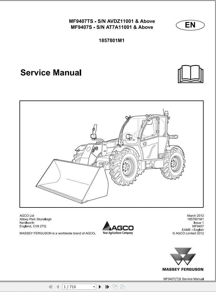 Massey Ferguson Telescopic Handler MF9407TS MF9407S Service Manual 1857801M1 1