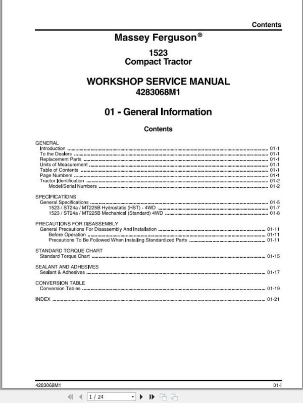 Massey Ferguson Tractor 1523 Workshop Service Manual 4283068M1 1