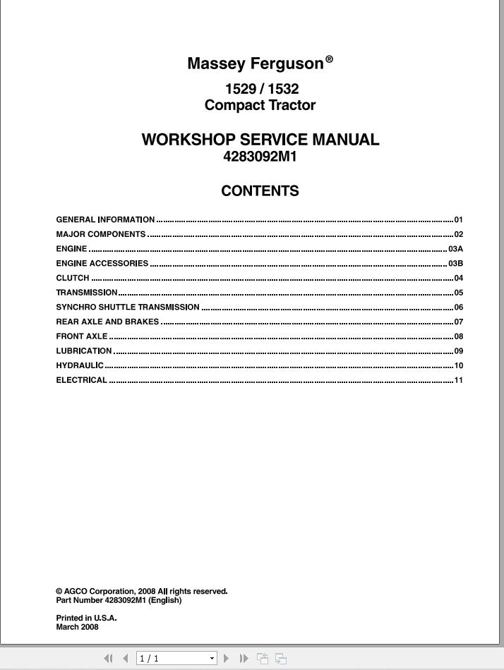 Massey Ferguson Tractor 1529 1532 Workshop Service Manual 4283092M1 1