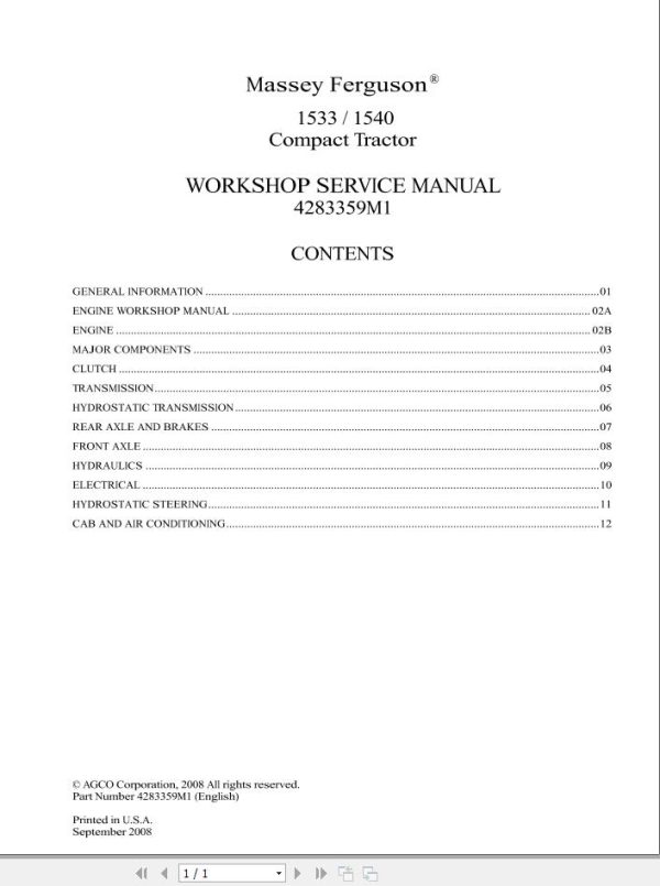 Massey Ferguson Tractor 1533 1540 Workshop Service Manual 4283359M1 1