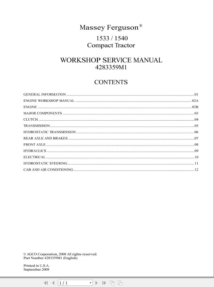 Massey Ferguson Tractor 1533 1540 Workshop Service Manual 4283359M1 1