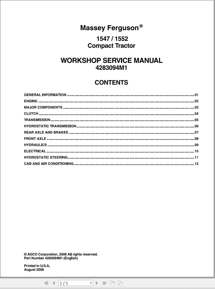 Massey Ferguson Tractor 1547 1552 Workshop Service Manual 4283094M1 1