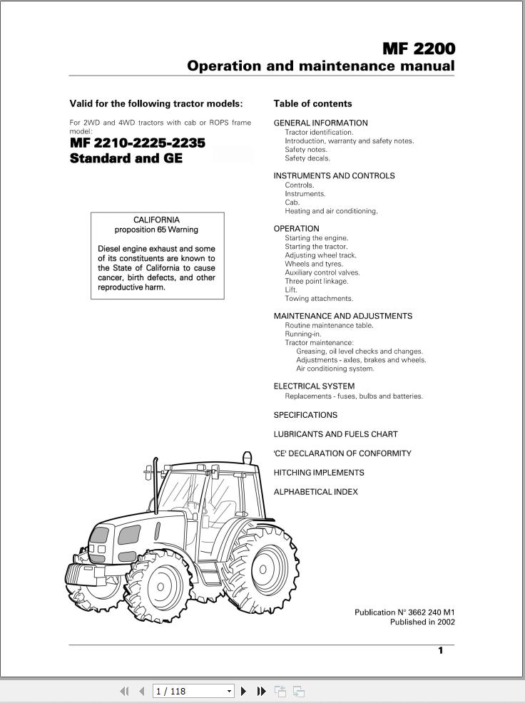 Massey Ferguson Tractor 2210 2225 2235 Operation Maintenance Manual 3662240M1 1