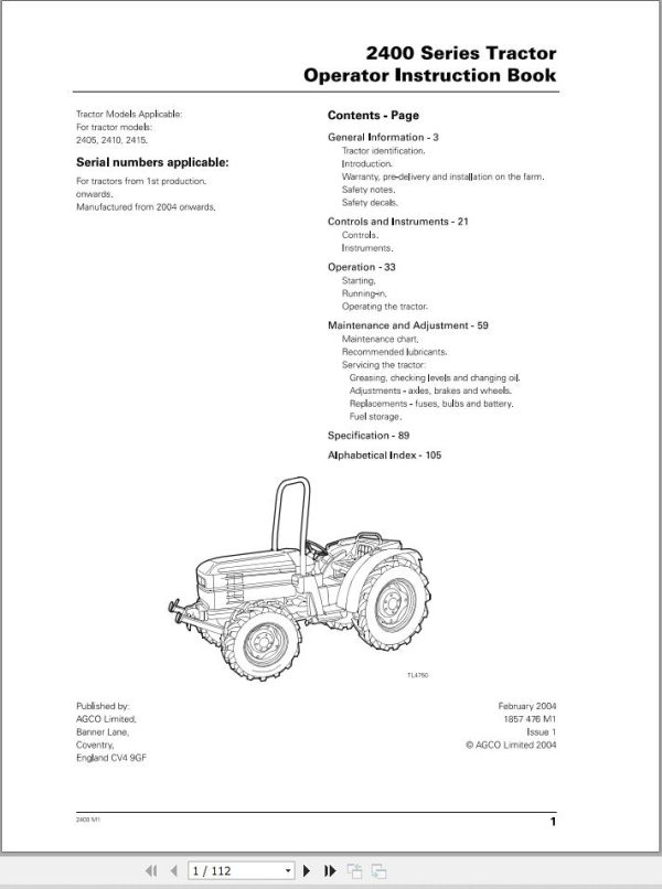 Massey Ferguson Tractor 2405 2410 2415 Operator Manual 1857476M1 1
