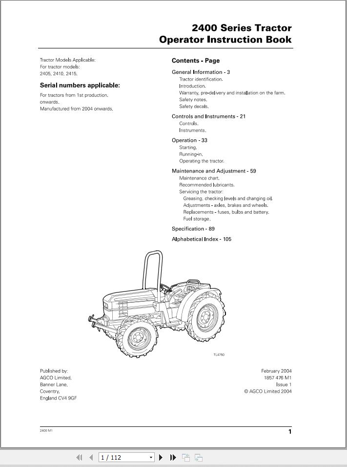 Massey Ferguson Tractor 2405 2410 2415 Operator Manual 1857476M1 1