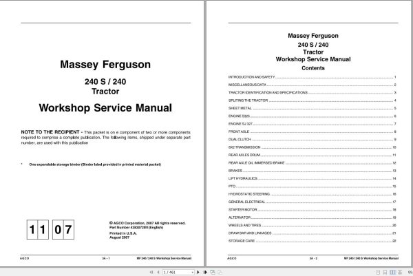 Massey Ferguson Tractor 240S 240 Workshop Service Manual 1