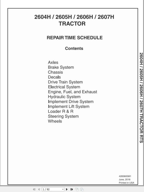 Massey Ferguson Tractor 2604H 2605H 2606H 2607H Repair Time Schedule 4283605M1 1