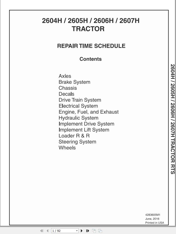 Massey Ferguson Tractor 2604H 2605H 2606H 2607H Repair Time Schedule 4283605M1 1