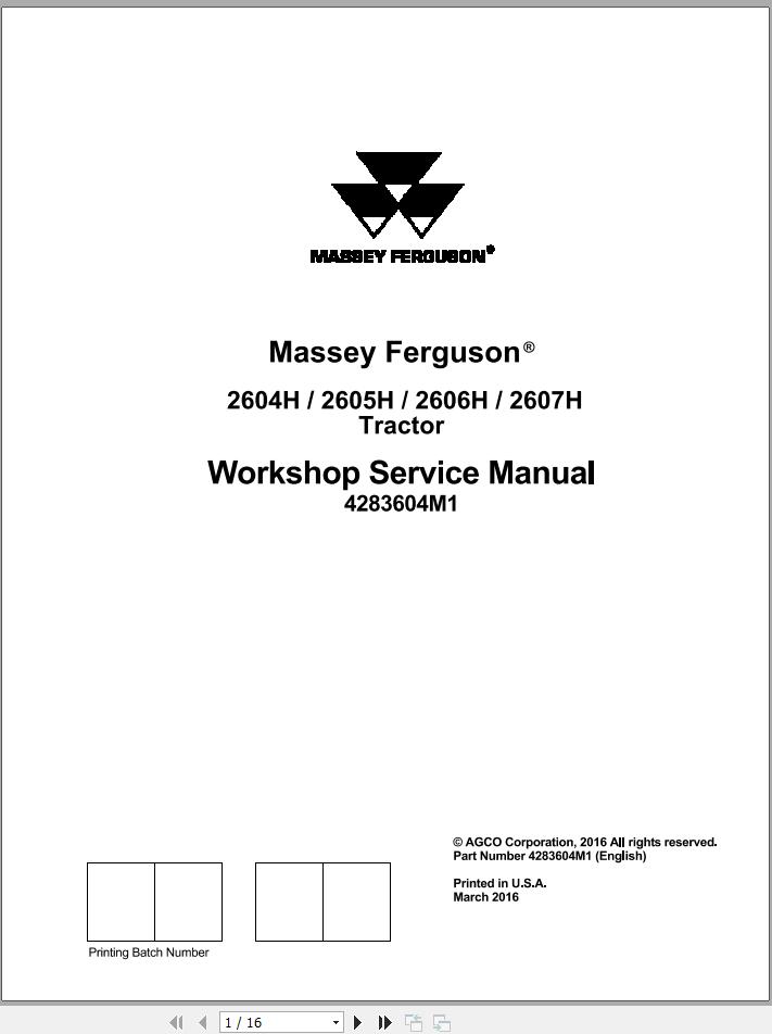 Massey Ferguson Tractor 2604H to 2607H Workshop Service Manual 4283604M1 1