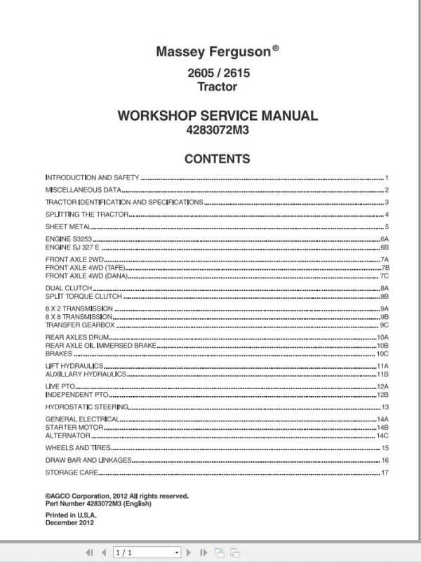 Massey Ferguson Tractor 2605 2615 Workshop Service Manual 4283072M3 1