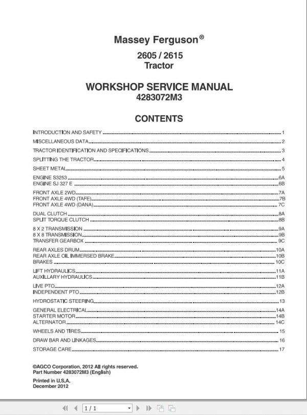 Massey Ferguson Tractor 2605 2615 Workshop Service Manual 4283075M3 1