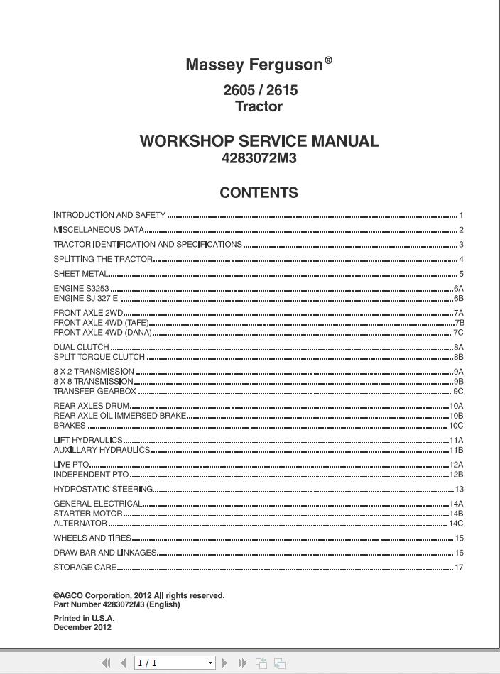 Massey Ferguson Tractor 2605 2615 Workshop Service Manual 4283075M3 1
