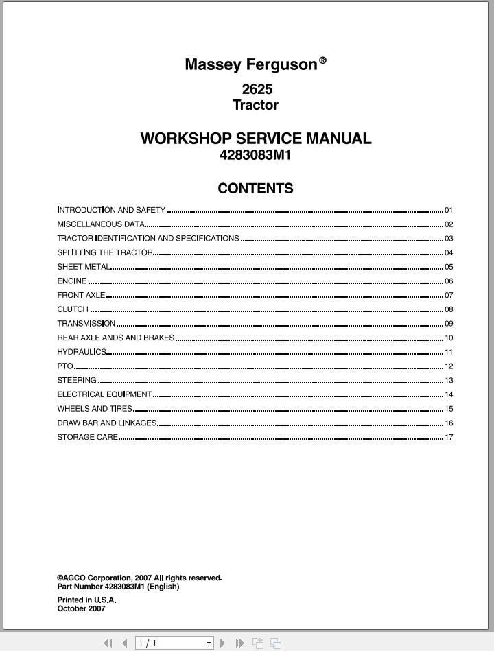 Massey Ferguson Tractor 2605 Workshop Service Manual 4283083M1 1