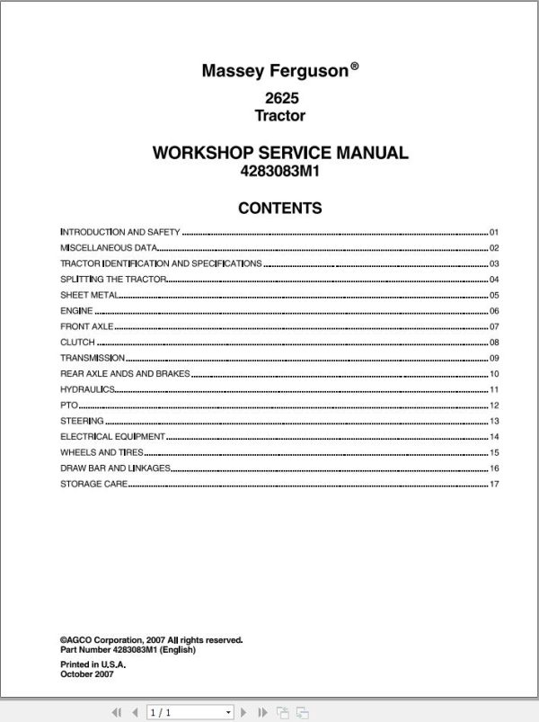 Massey Ferguson Tractor 2625 Workshop Service Manual 4283083M1 1