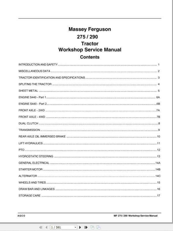 Massey Ferguson Tractor 275 290 Workshop Service Manual 1