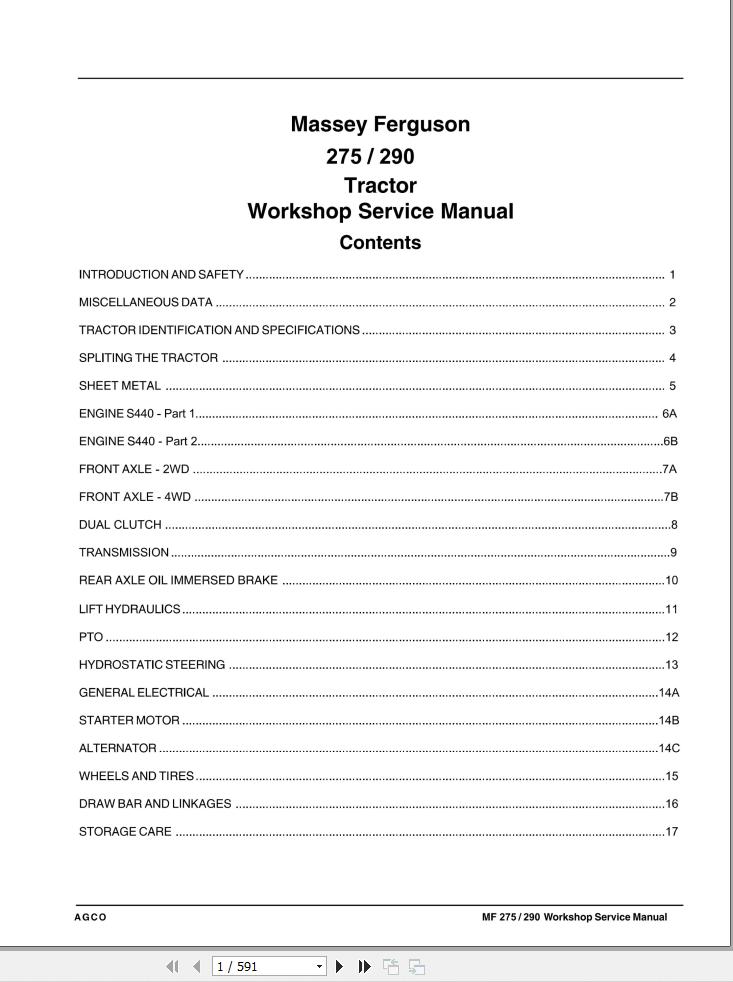 Massey Ferguson Tractor 275 290 Workshop Service Manual 1