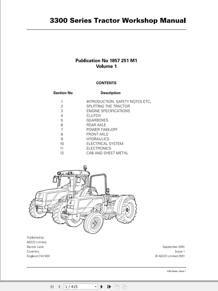 Massey Ferguson Tractor 3300 Series Workshop Manual 1857251M1 1
