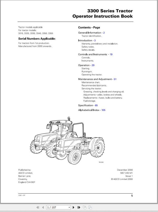 Massey Ferguson Tractor 3315 to 3355 Operator Manual 1857245M1 1