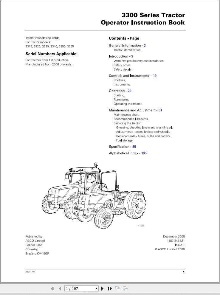 Massey Ferguson Tractor 3315 to 3355 Operator Manual 1857245M1 1