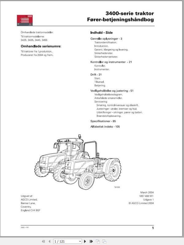 Massey Ferguson Tractor 3425 3435 3445 3455 Operator Manual 1857488M1 DA 1
