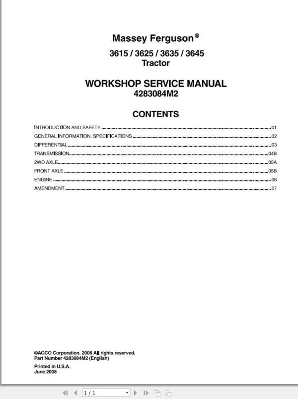 Massey Ferguson Tractor 3615 3625 3635 3645 Workshop Service Manual 4283084M2 1