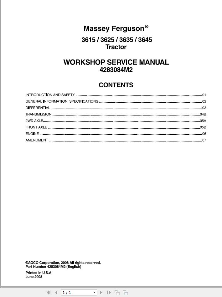 Massey Ferguson Tractor 3615 3625 3635 3645 Workshop Service Manual 4283084M2 1
