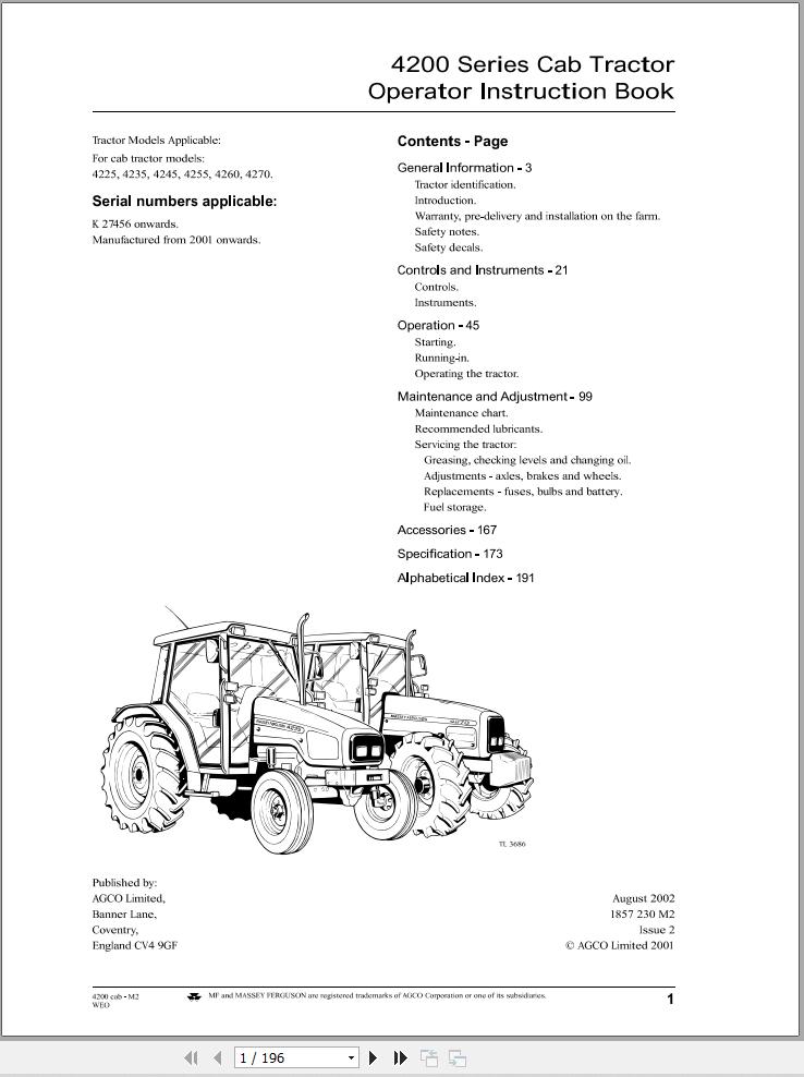 Massey Ferguson Tractor 4225 to 4270 Operator Manual 1857230M2 1