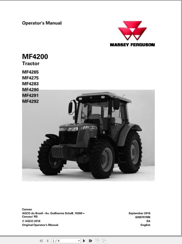 Massey Ferguson Tractor 4265 to 4292 Operator Manual 6269701M6 1